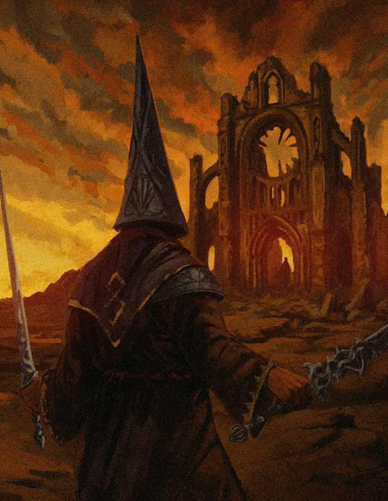 El Penitente de Blasphemous frente a una catedral gótica en ruinas al atardecer
