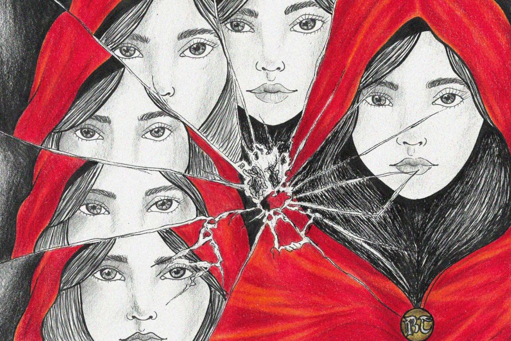 Ilustración de Caperucita Roja fragmentada en un espejo roto con capa roja intensa en Broken Tales