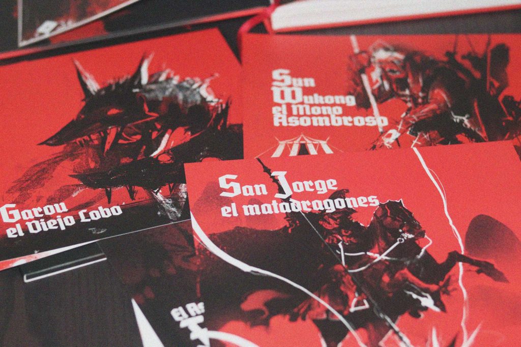 Ilustraciones de personajes de Broken Tales como Garou y San Jorge en tonos rojos y negros