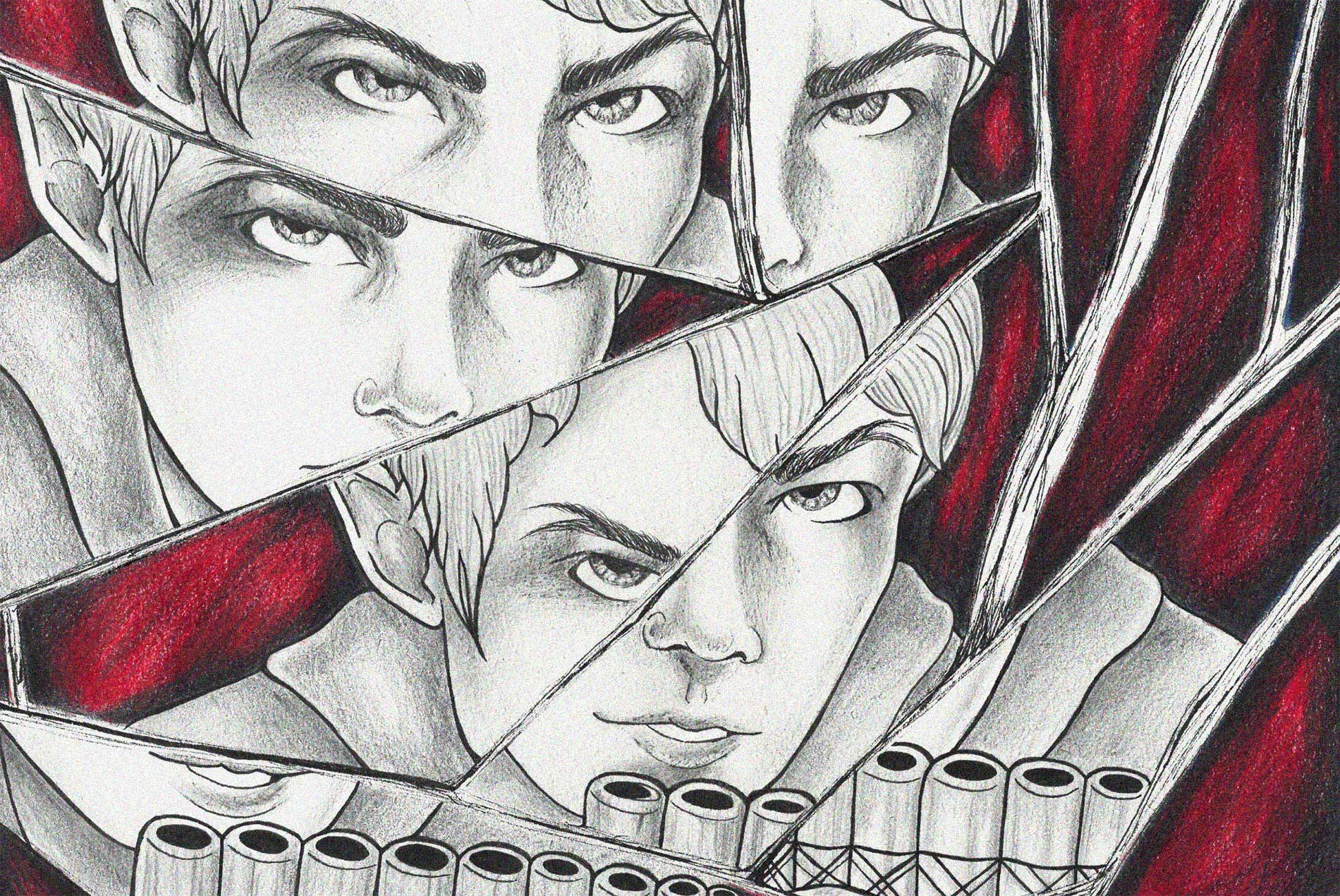 Ilustración de rostro fragmentado en un espejo roto con fondo rojo, representando la dualidad y el ego oscuro en Broken Tales