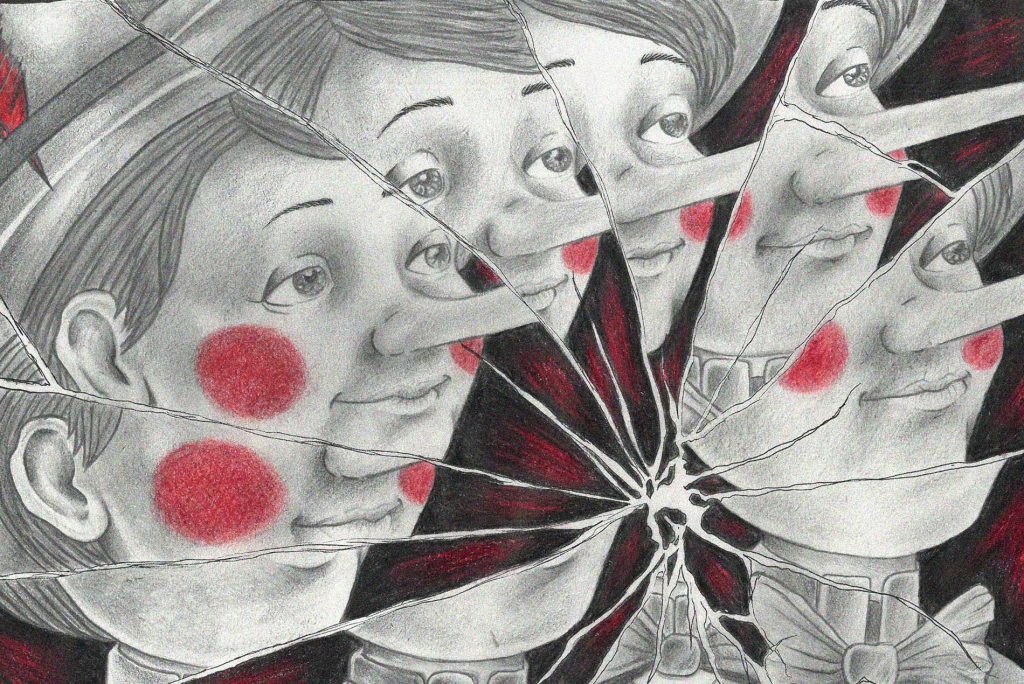 Ilustración de Pinocho fragmentado en un espejo roto con mejillas rojas en Broken Tales