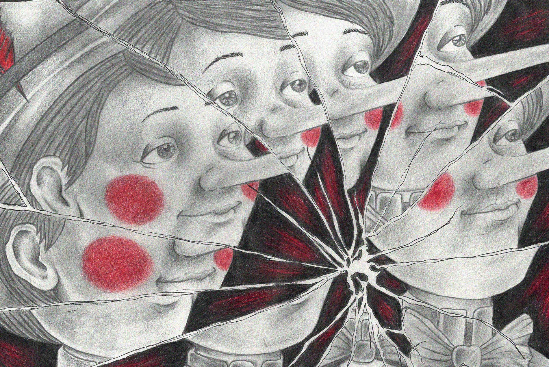 Ilustración de Pinocho fragmentado en un espejo roto con mejillas rojas en Broken Tales