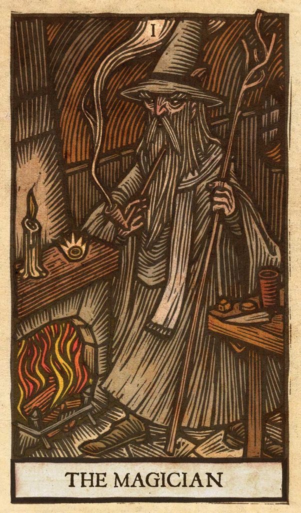 Carta del tarot El Mago en estilo xilográfico con fuego, mesa y bastón.