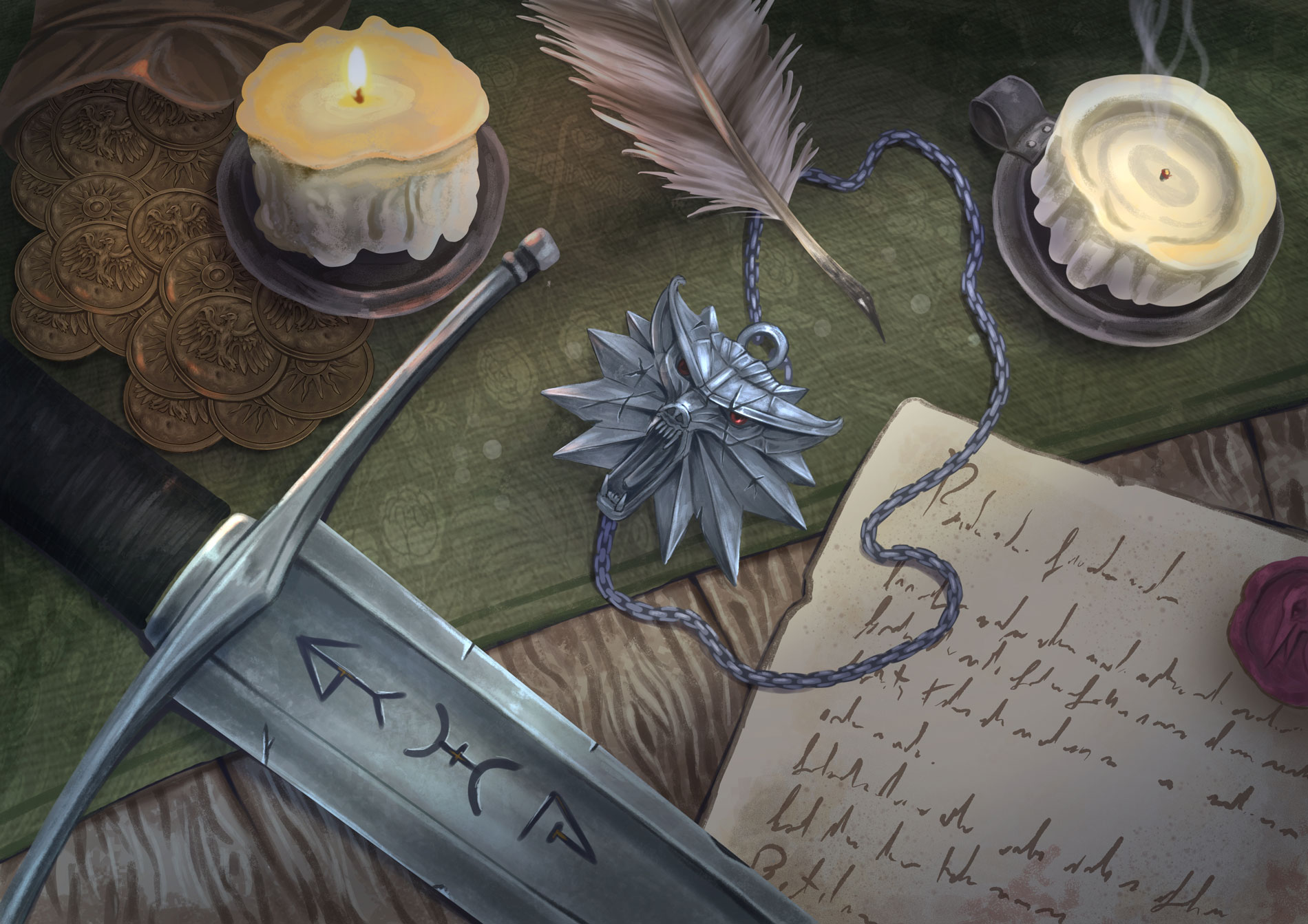 Ilustración del juego de rol de The Witcher que representa un manual abierto como un grimorio, evocando la fantasía oscura y el rol narrativo