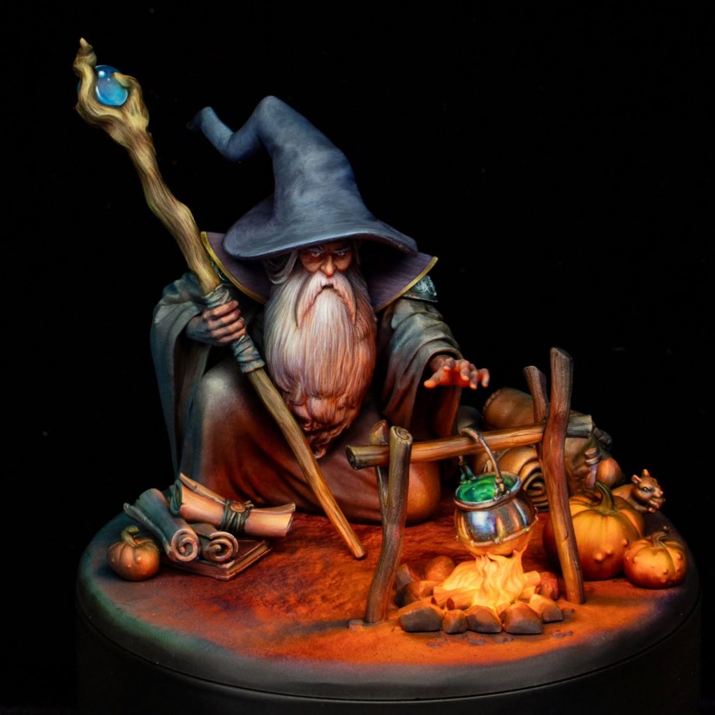Miniatura Alastair pintada por lacaci studio con iluminación cálida de fuego y tonos mágicos
