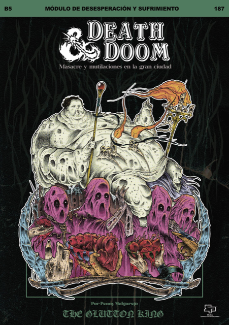 Ilustración grotesca de un rey obeso sostenido por figuras encapuchadas con órganos expuestos