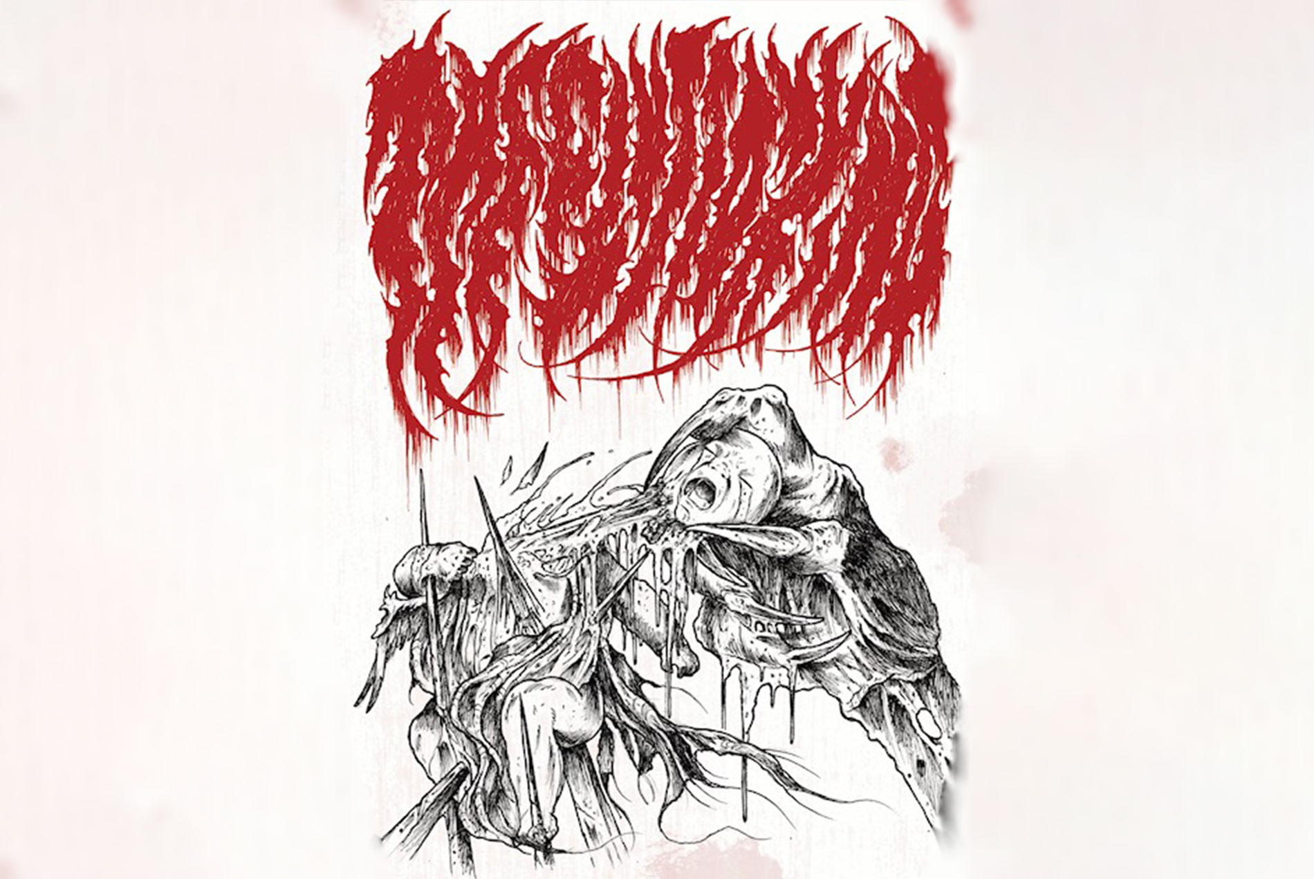 Criatura grotesca devorando a una persona en una escena visceral y violenta