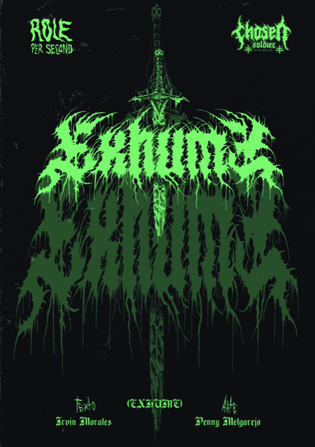 Portada con tipografía verde distorsionada y espada central en estilo oscuro y decadente