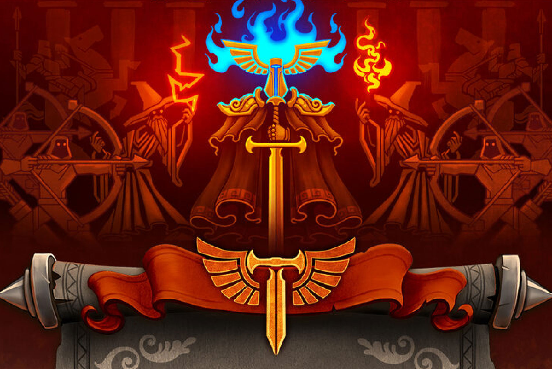 Ilustración de fantasía con magos enfrentados, fuego y relámpagos, representando el duelo estratégico de Tenacy