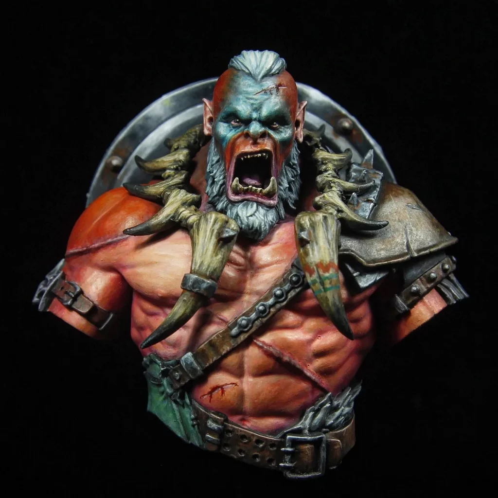 Busto de orco gritando con colmillos y cicatrices, miniatura pintada a mano con gran detalle