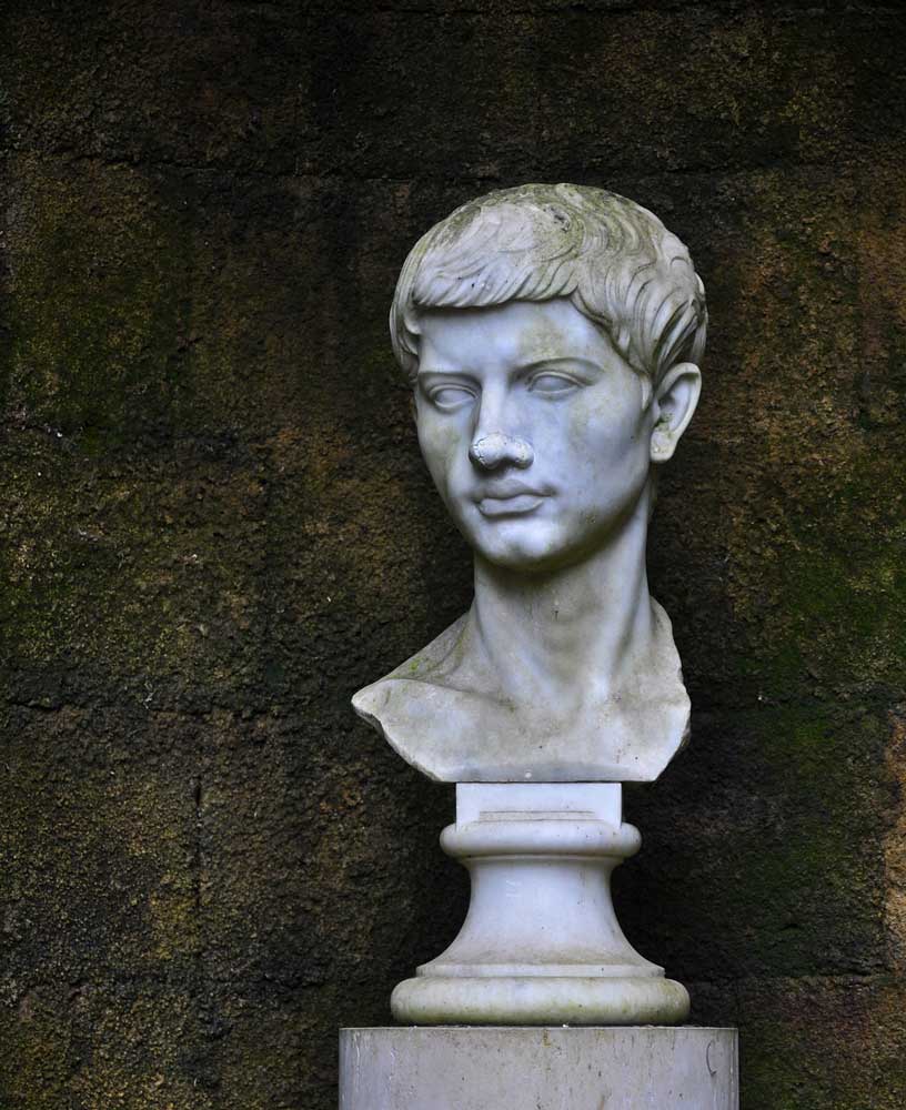 Escultura clásica en mármol del poeta Virgilio sobre pedestal, con fondo de pared oscura y textura envejecida.