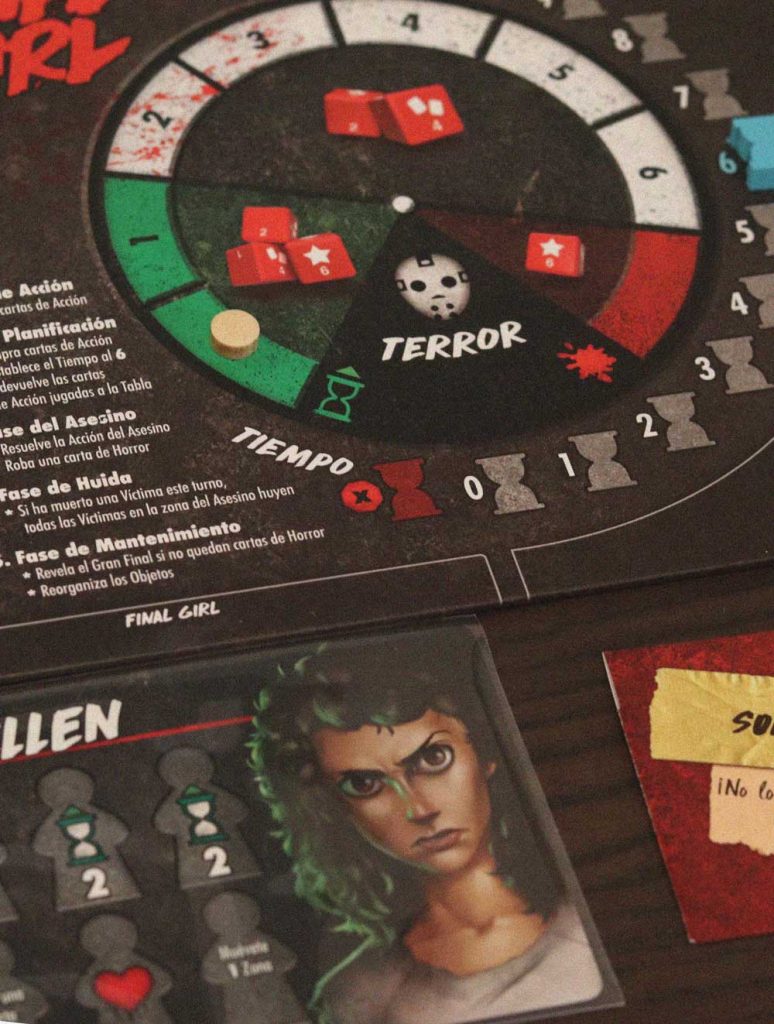 Marcador circular de terror y tiempo en el tablero del juego de mesa Final Girl