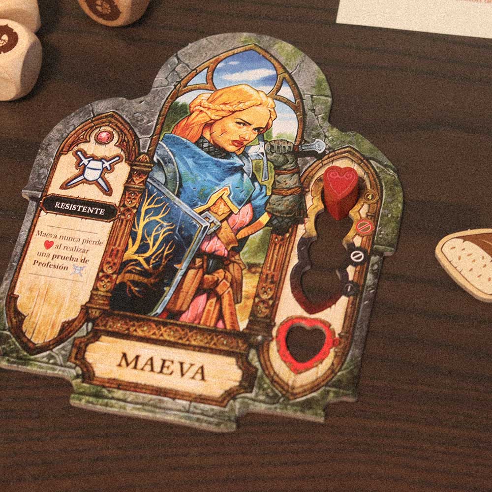Carta de personaje Maeva en Oltree con marcador de vida y dados de profesión