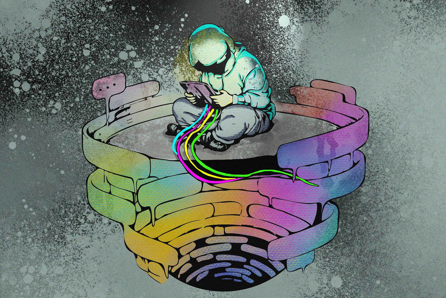Ilustración de una persona encapuchada sentada sobre una estructura circular leyendo un dispositivo del que salen cables de colores hacia un vacío oscuro.