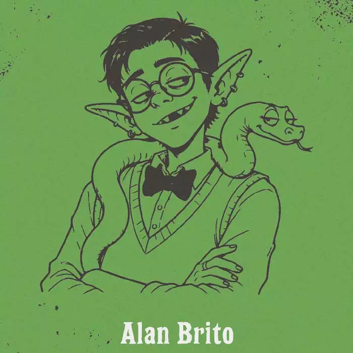 Ilustración de Alan Brito junto a su serpiente mascota en Goblin Prom