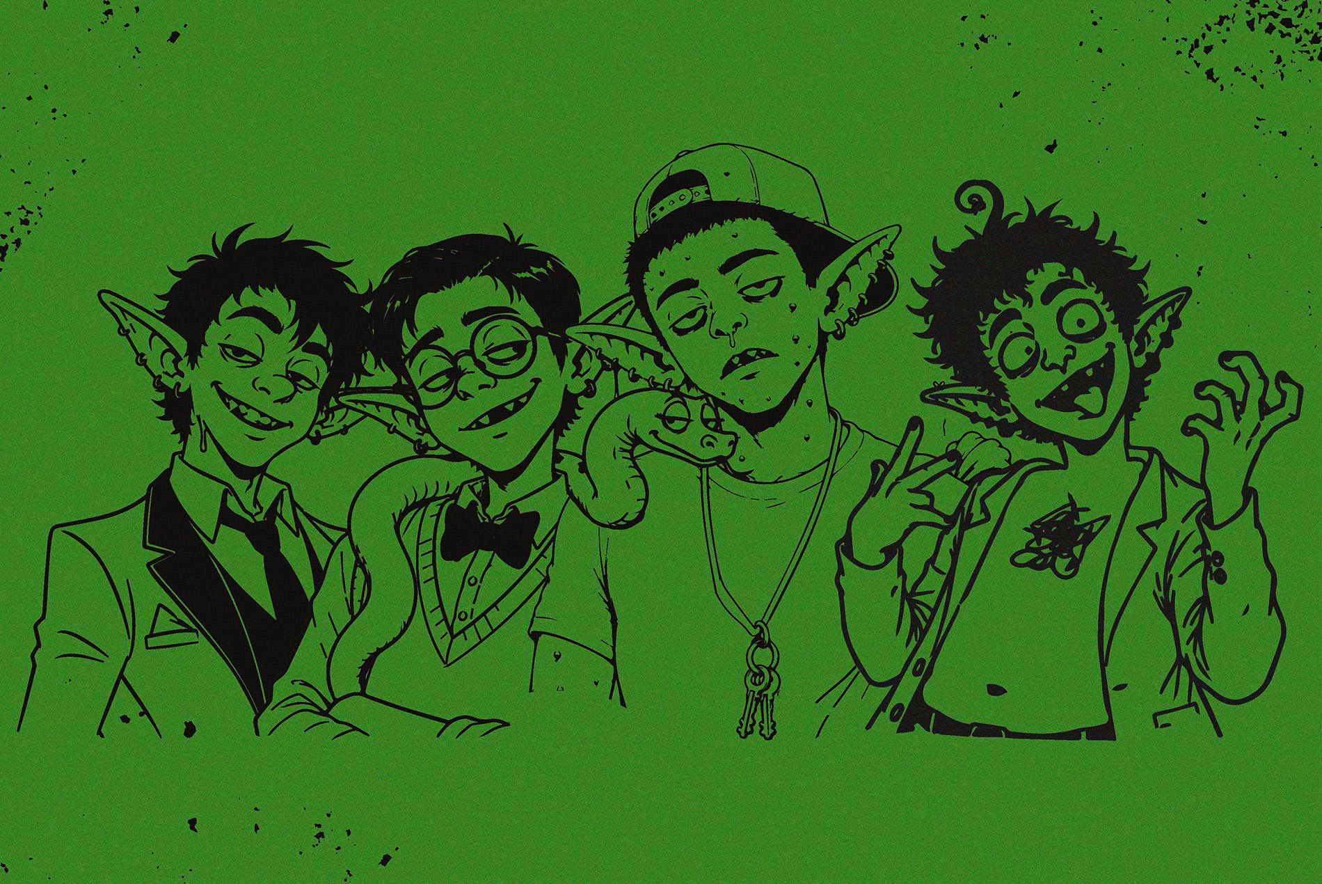 Cuatro adolescentes goblin vestidos para el baile de graduación en Goblin Prom