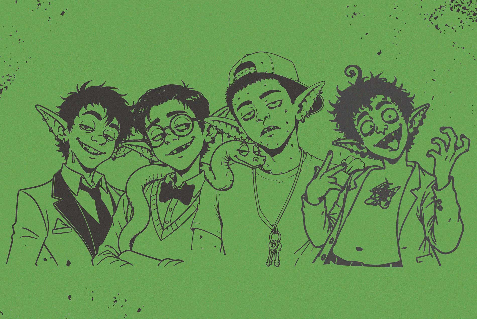 Cuatro adolescentes goblin vestidos para el baile de graduación en Goblin Prom