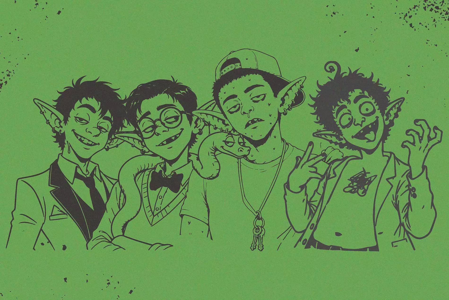 Cuatro adolescentes goblin vestidos para el baile de graduación en Goblin Prom
