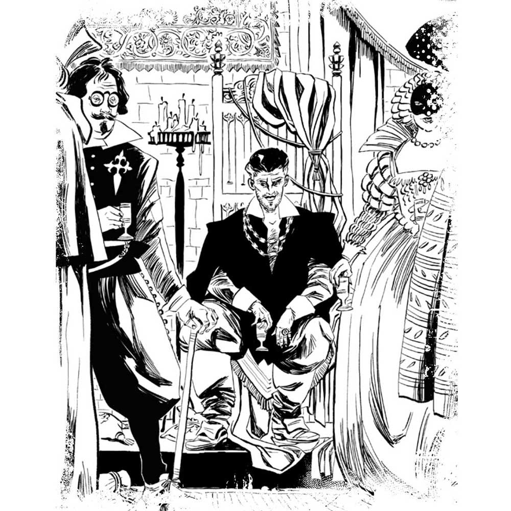 Ilustración en blanco y negro de varios nobles y personajes enmascarados en Máscaras del Imperio.
