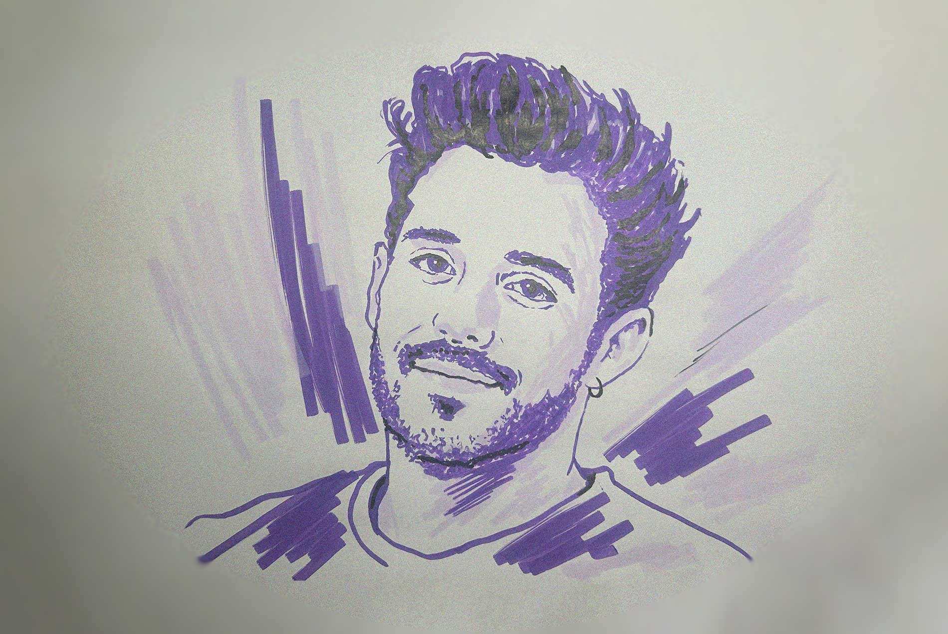 Ilustración de Nico Cardona en estilo boceto con trazos en color morado por Borja de Frutos whoisrooster
