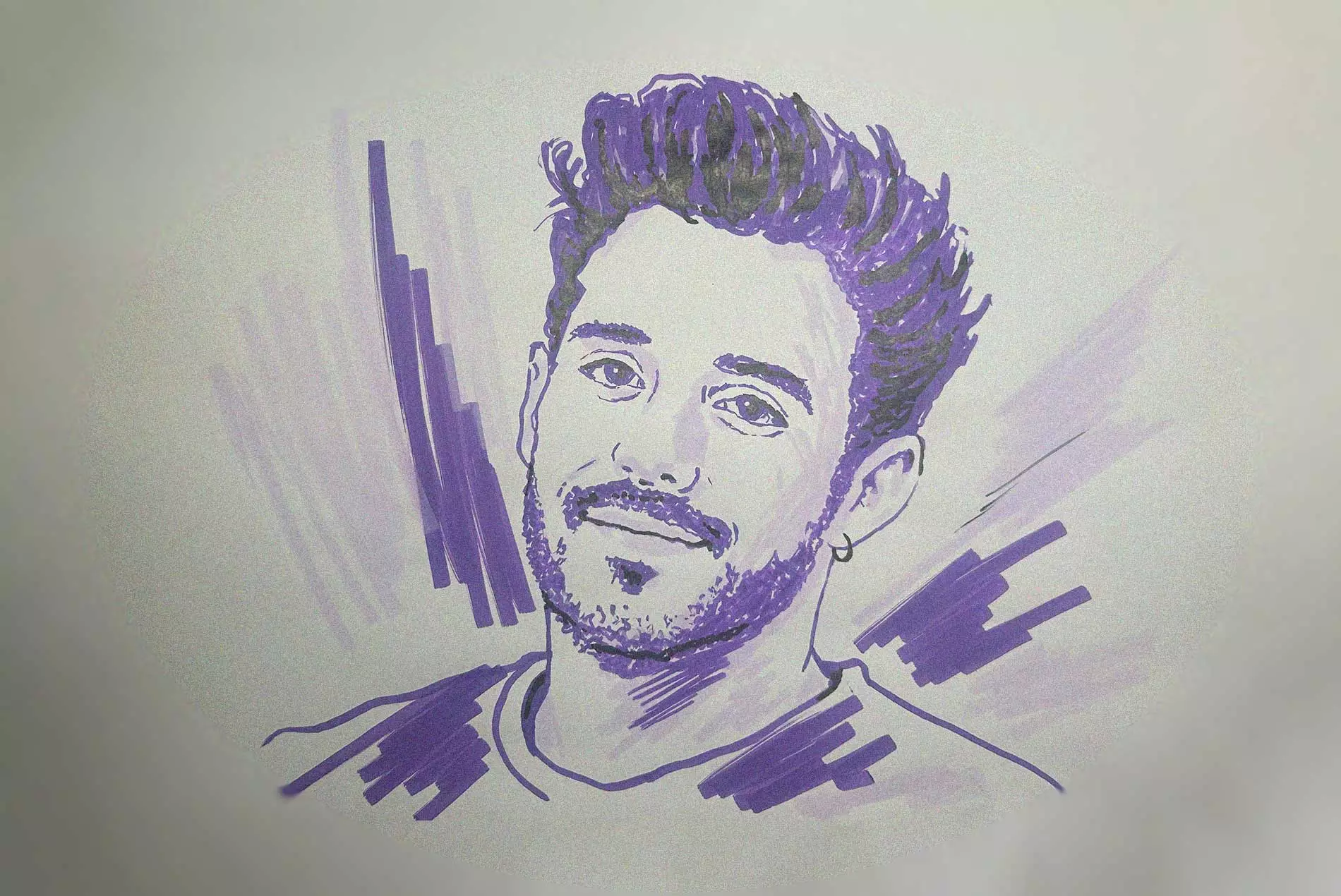 Ilustración de Nico Cardona en estilo boceto con trazos en color morado por Borja de Frutos whoisrooster