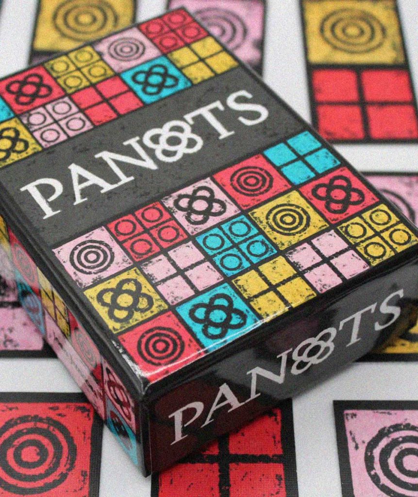 Caja del juego de mesa Panots con diseño geométrico inspirado en baldosas urbanas