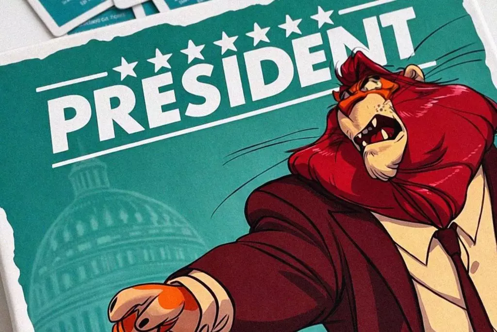 Ilustración del juego de mesa President con personaje caricaturesco en estilo político satírico