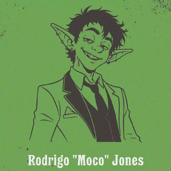 Ilustración de Rodrigo “Moco” Jones, un goblin adolescente elegante y extrañamente atractivo en Goblin Prom