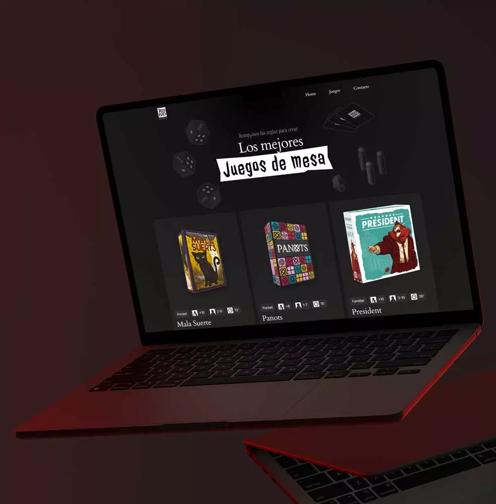 Mockup de la web de Too Bad Games mostrando sus juegos de mesa en pantalla