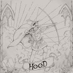 Ilustración de Robin Hood tensando su arco entre ruinas góticas y rayos de luz, obra de @tankironn.