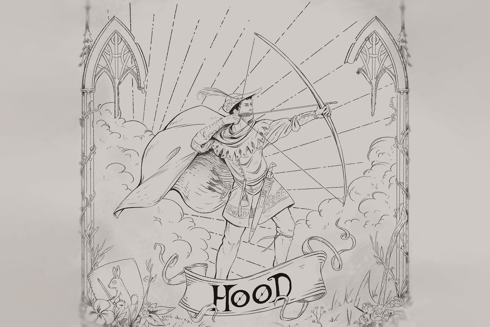 Ilustración de Robin Hood tensando su arco entre ruinas góticas y rayos de luz, obra de @tankironn.