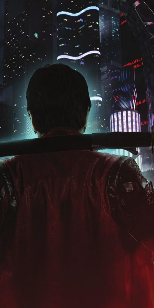 Personaje observando una megaciudad cyberpunk con un arma al hombro en Altered Carbon.