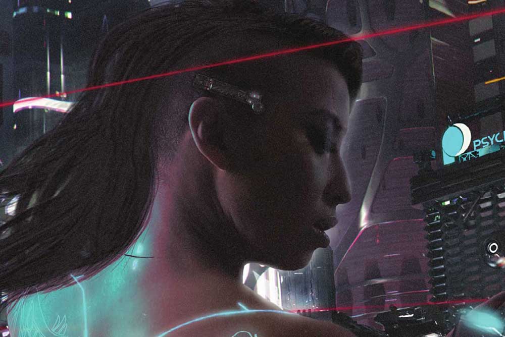 Portada cyberpunk de Altered Carbon con personaje de perfil en una ciudad futurista iluminada por neones.