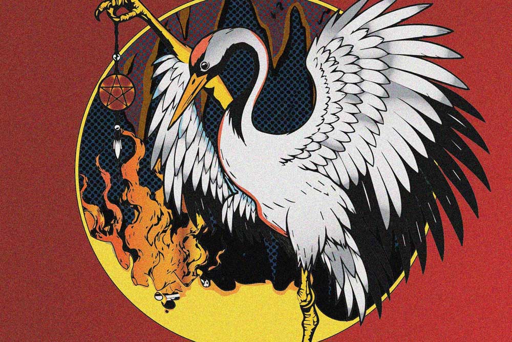 Ilustración de una grulla blanca sosteniendo un pentagrama sobre fuego en la estética de Invoquemos Demonios.