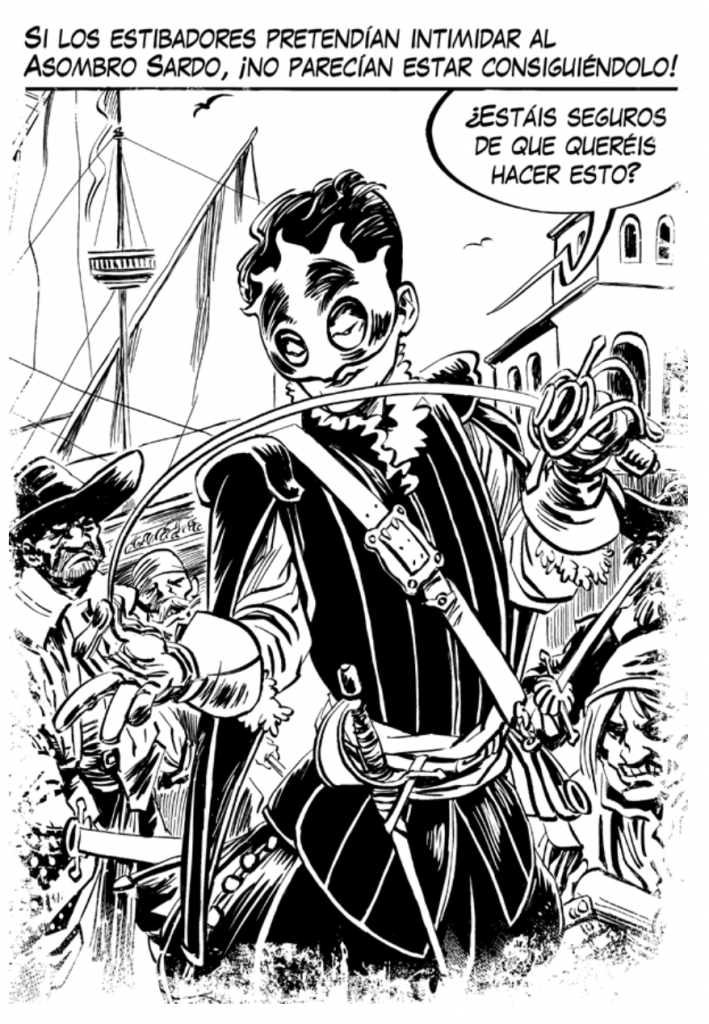 Ilustración en blanco y negro de un espadachín enmascarado enfrentándose a varios estibadores en el puerto de Valencia en Pájaros de mal agüero.