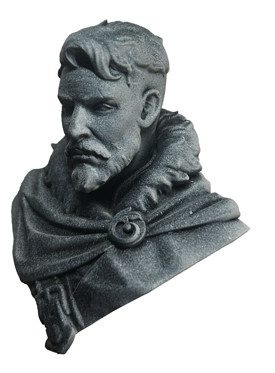 Vista en tres cuartos del busto Konrad de Sara Glez, mostrando la composición del rostro, la capa y el cuello de piel.