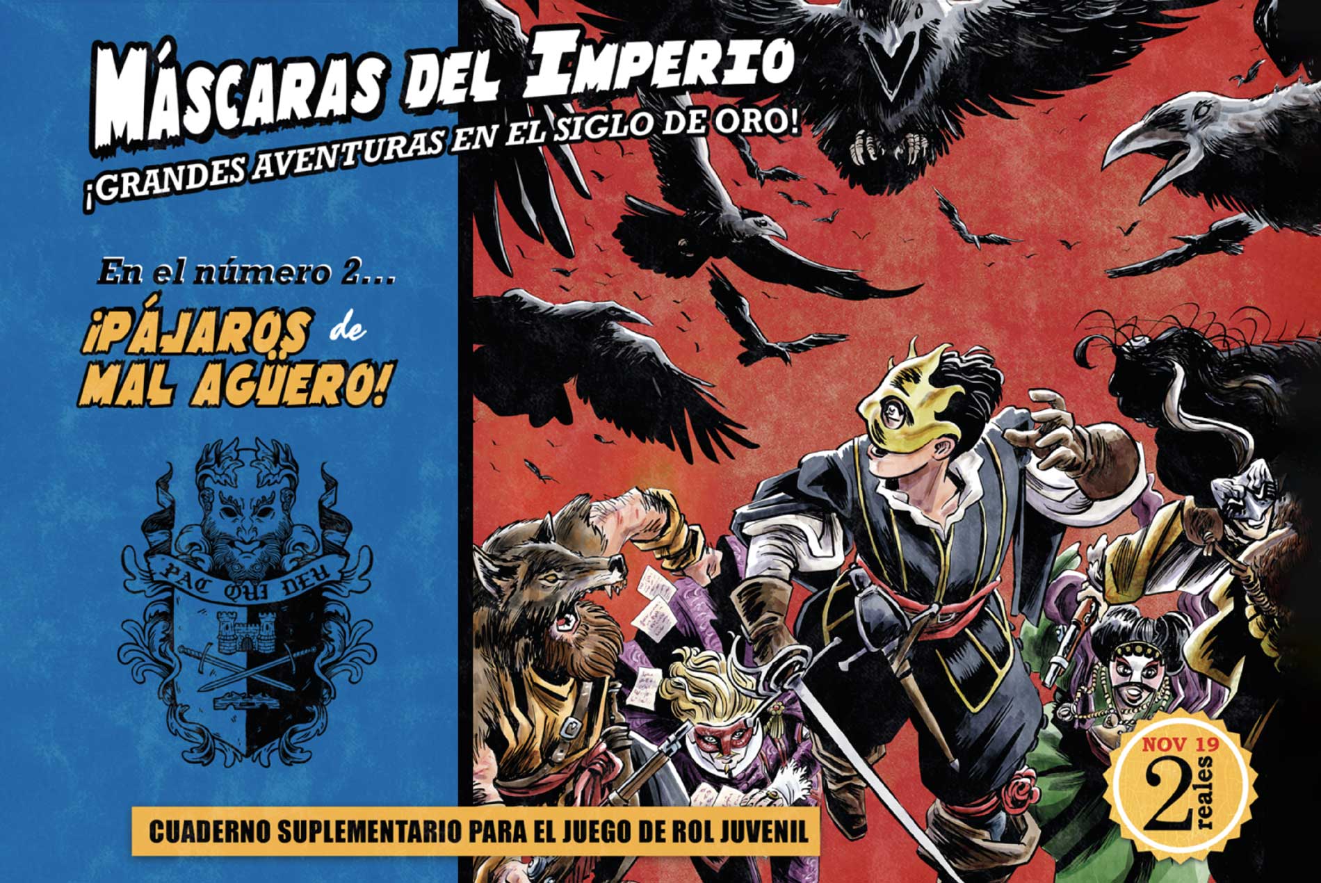 Portada de Pájaros de mal agüero, módulo de rol para Máscaras del Imperio ambientado en el Siglo de Oro, con encubiertos enfrentándose a una bandada de grajos.