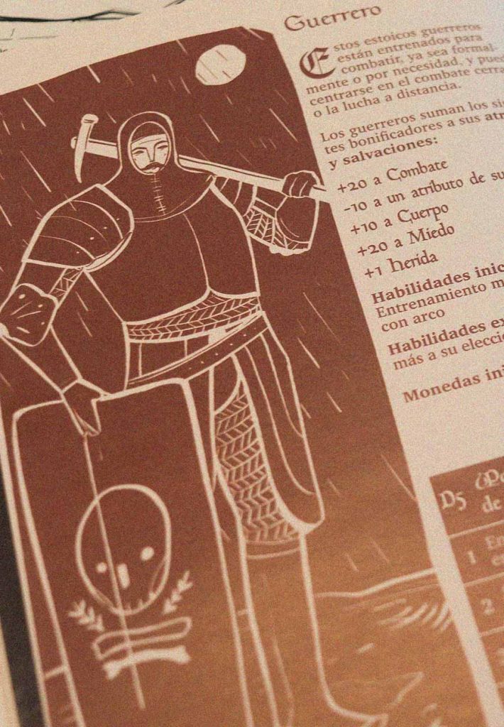 Página del manual de Peregrinos de la Ruina mostrando la clase Guerrero y sus características.