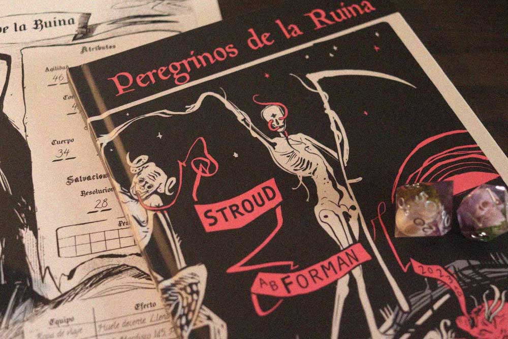 Ilustración interior de Peregrinos de la Ruina con una criatura demoníaca alada enfrentándose a un peregrino.