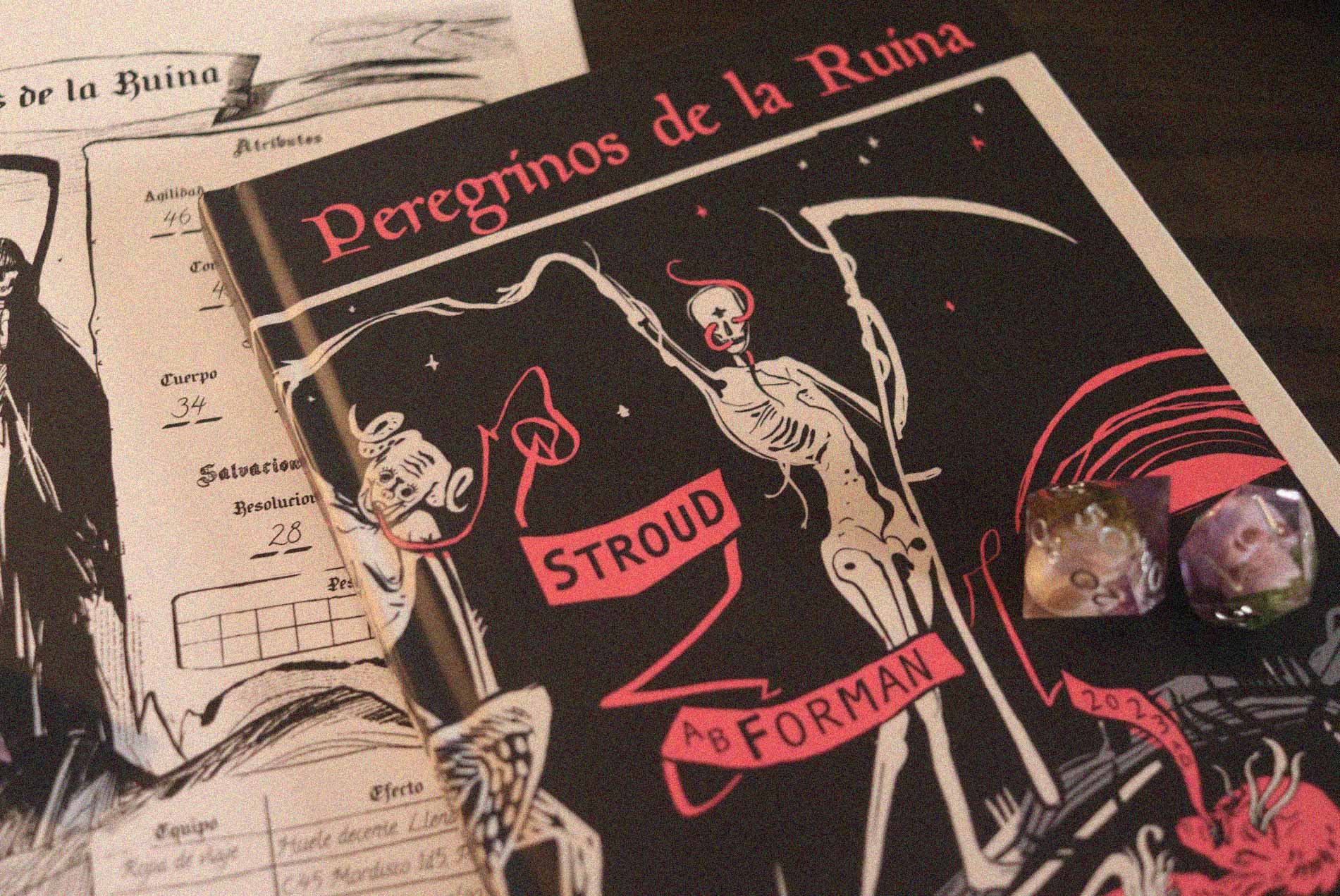 Ilustración interior de Peregrinos de la Ruina con una criatura demoníaca alada enfrentándose a un peregrino.