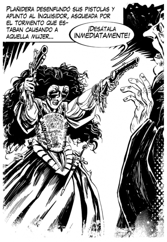 Ilustración en blanco y negro de una encubierta enmascarada apuntando con dos pistolas a un inquisidor durante una escena de tortura en Pájaros de mal agüero.