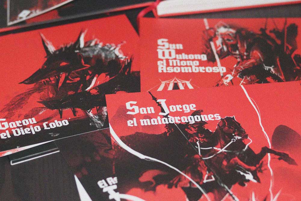 Ilustraciones de personajes de Broken Tales como Garou y San Jorge en tonos rojos y negros