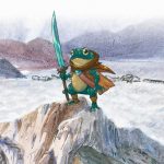 Sapo guerrero con espada sobre una montaña en El Concilio de los Sapos