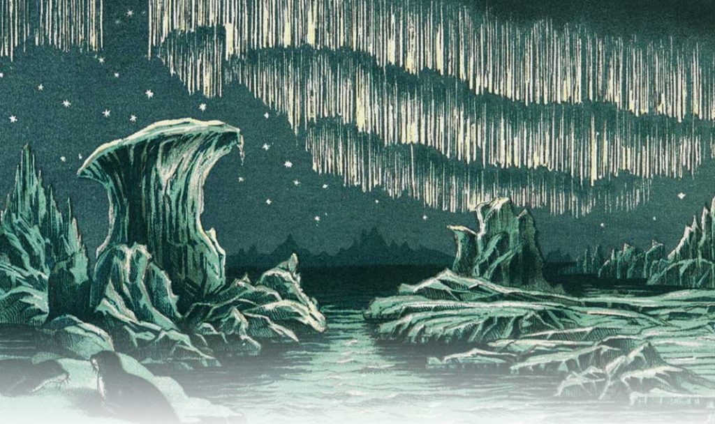 Paisaje nocturno de Winterris con montañas y agua en El Concilio de los Sapos