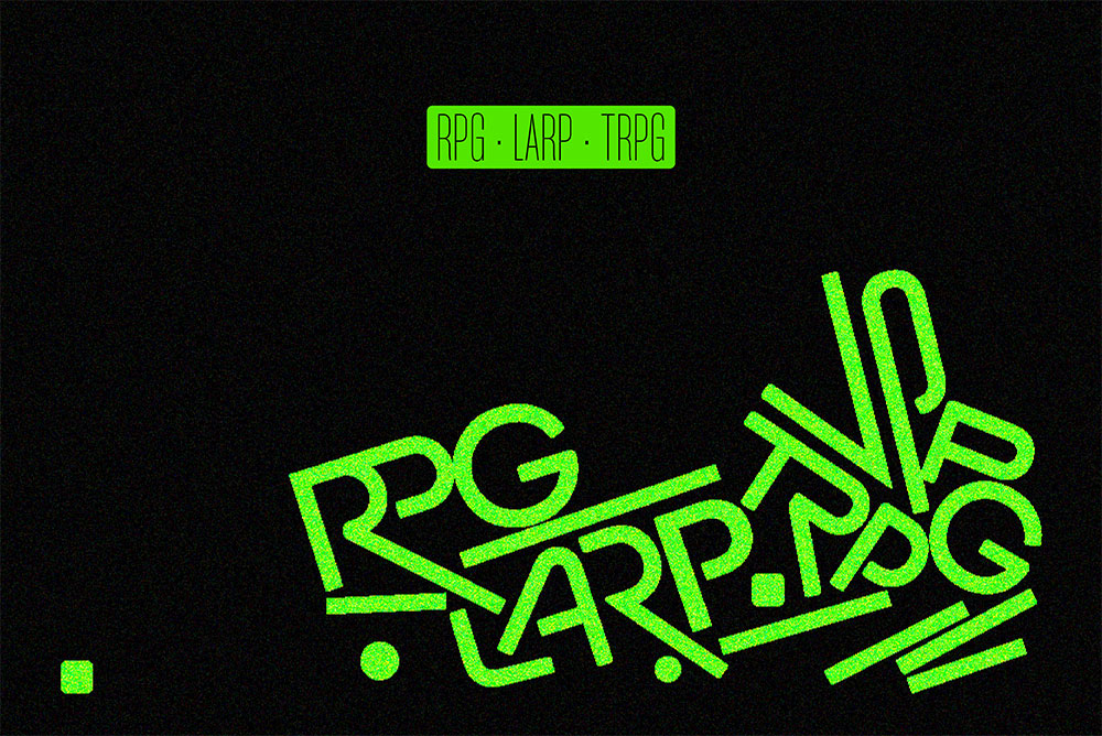 RPG, LARP y TRPG en diseño tipográfico verde sobre fondo negro