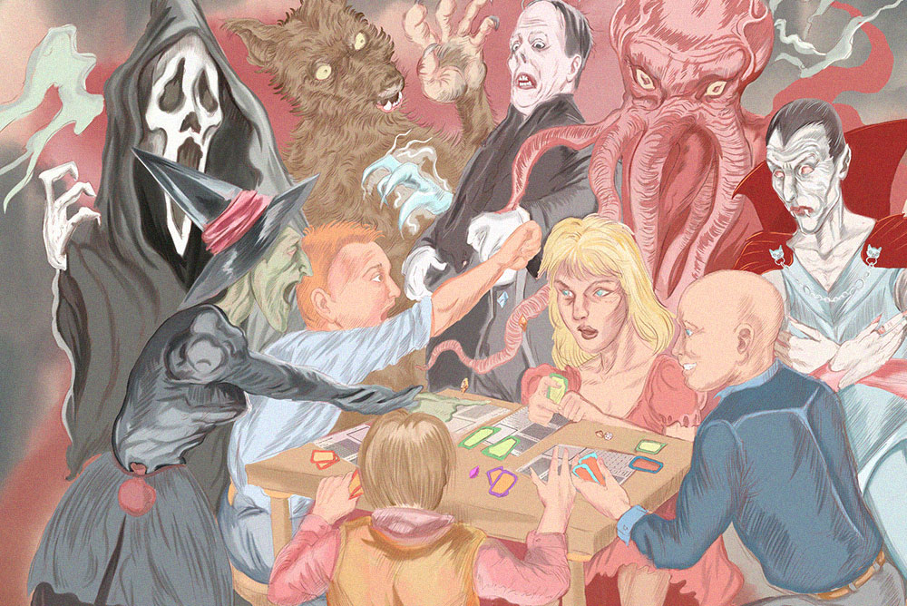 Ilustración de una partida de rol de fantasía y terror con jugadores caracterizados como criaturas y personajes fantásticos, obra de Xoangi Ilustrador.