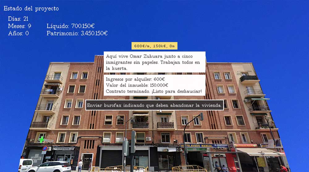 Captura de Primado Reig 103 que muestra un edificio de viviendas y los datos económicos de una propiedad antes de ejecutar un desahucio.
