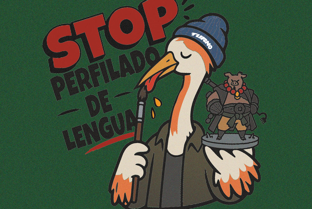 Ilustración de STOP PERFILADO DE LENGUA con una cigüeña pintora y una miniatura de fantasía, creada para Freak Wars 2026 por Revista Turno.