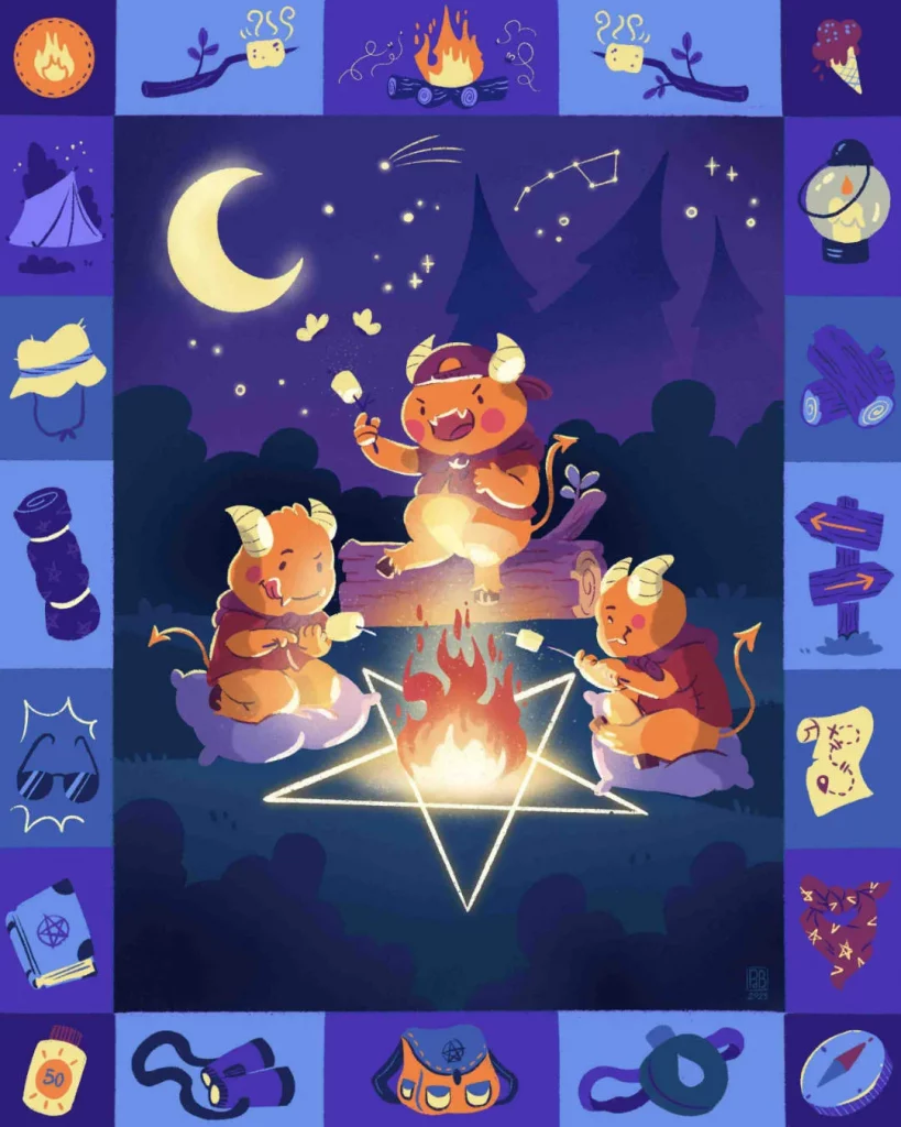 Ilustración de Patri de Blas con pequeñas criaturas alrededor de una hoguera en un campamento nocturno de fantasía