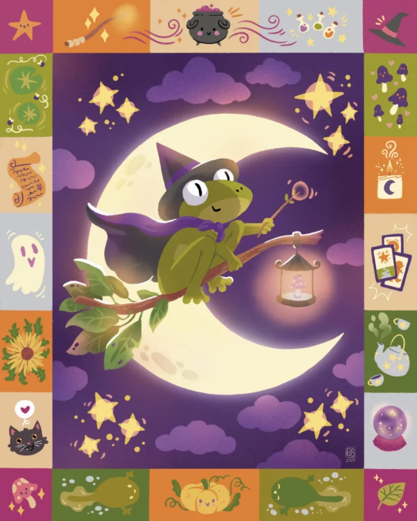 Ilustración de Patri de Blas con una rana bruja volando sobre la luna en una escena nocturna de fantasía